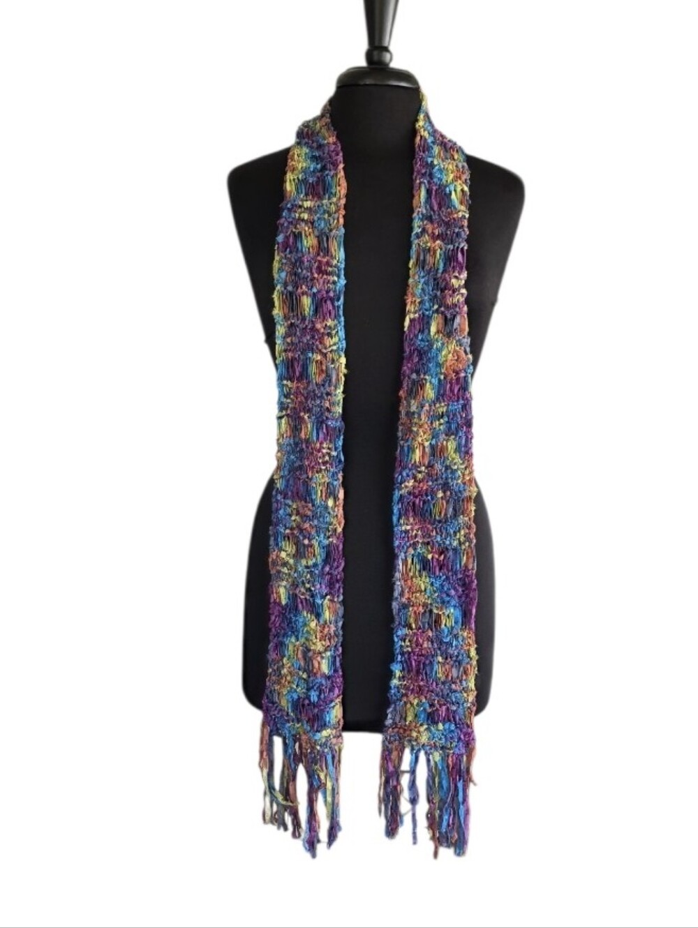 Handmade Vibrant Multicolor Knit Fringe Scarf Y2K Twee Long Scarf Boho Girlie